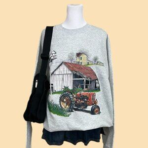 Grey crewneck sweatshirt with a vintage tractor graphic cozy country farmer